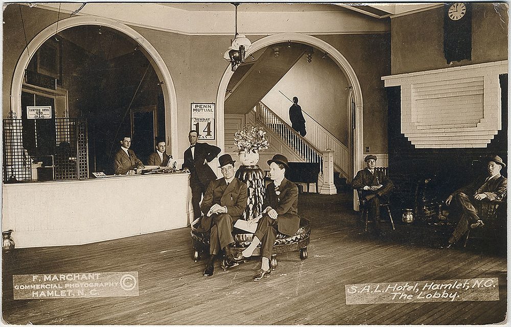 A hotel lobby, archival photograph