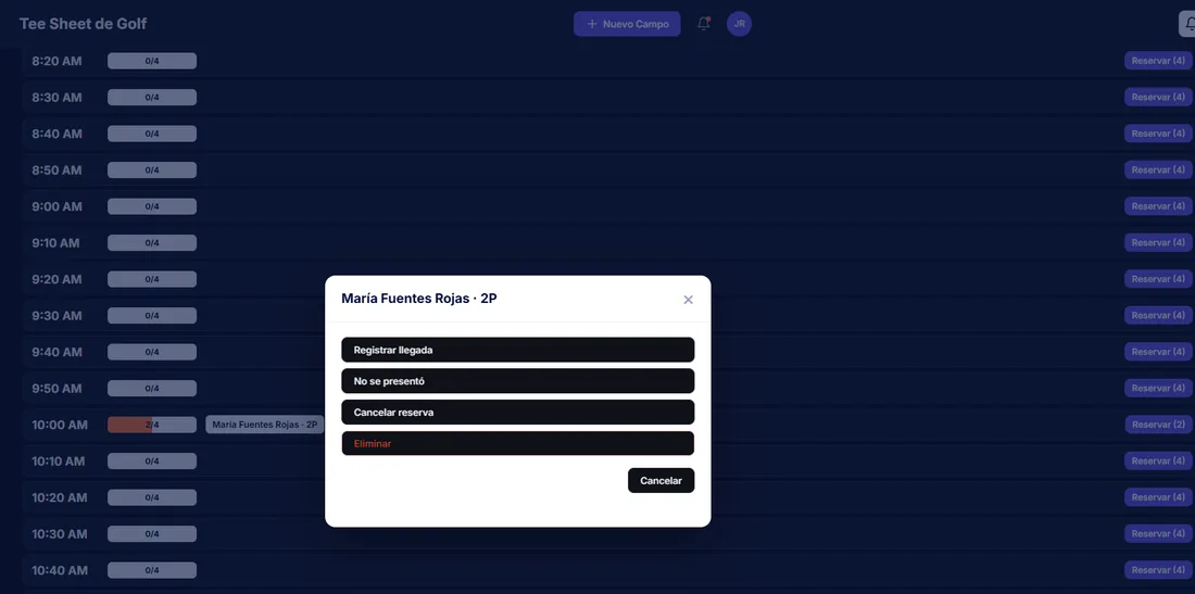 Panel de check-in del club